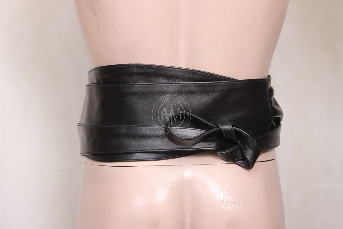Black genuine leather obi wrap belt, view 4
