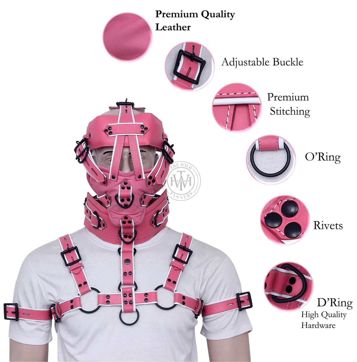 Leather bondage muzzle gag with chest harness and biceps cuffs, view 8