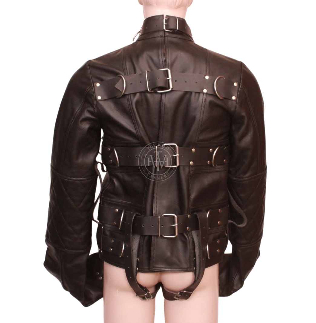 Leather BDSM straitjacket with chastity front, view 4