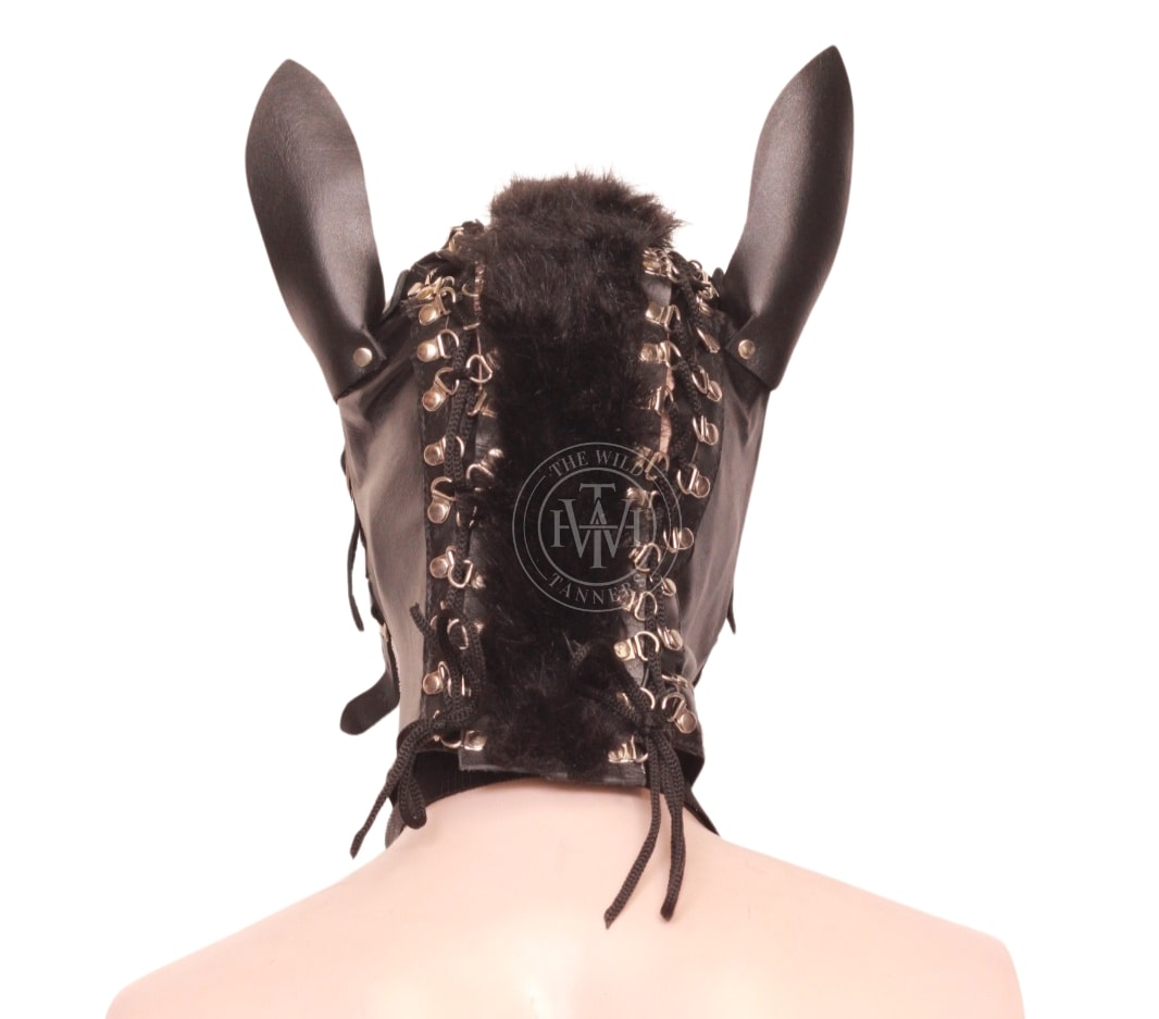Leather pony play face mask and bondage hood, view 4