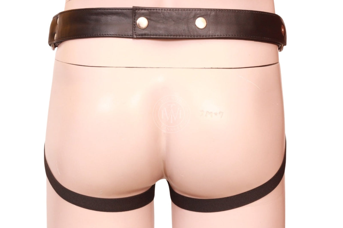 real mens leather jockstrap, back view of black leather jockstrap with snap waistband and open-rear elastic leg straps