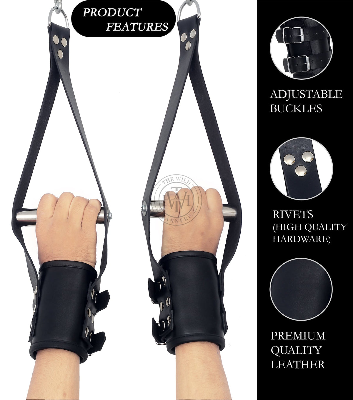 Leather suspension bondage wrist cuffs, view 4