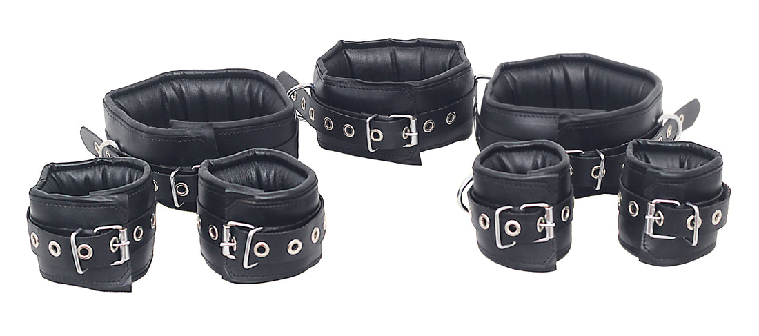 leather bondage handcuffs, BDSM cuffs set, unisex leather restraints, padded leather cuffs