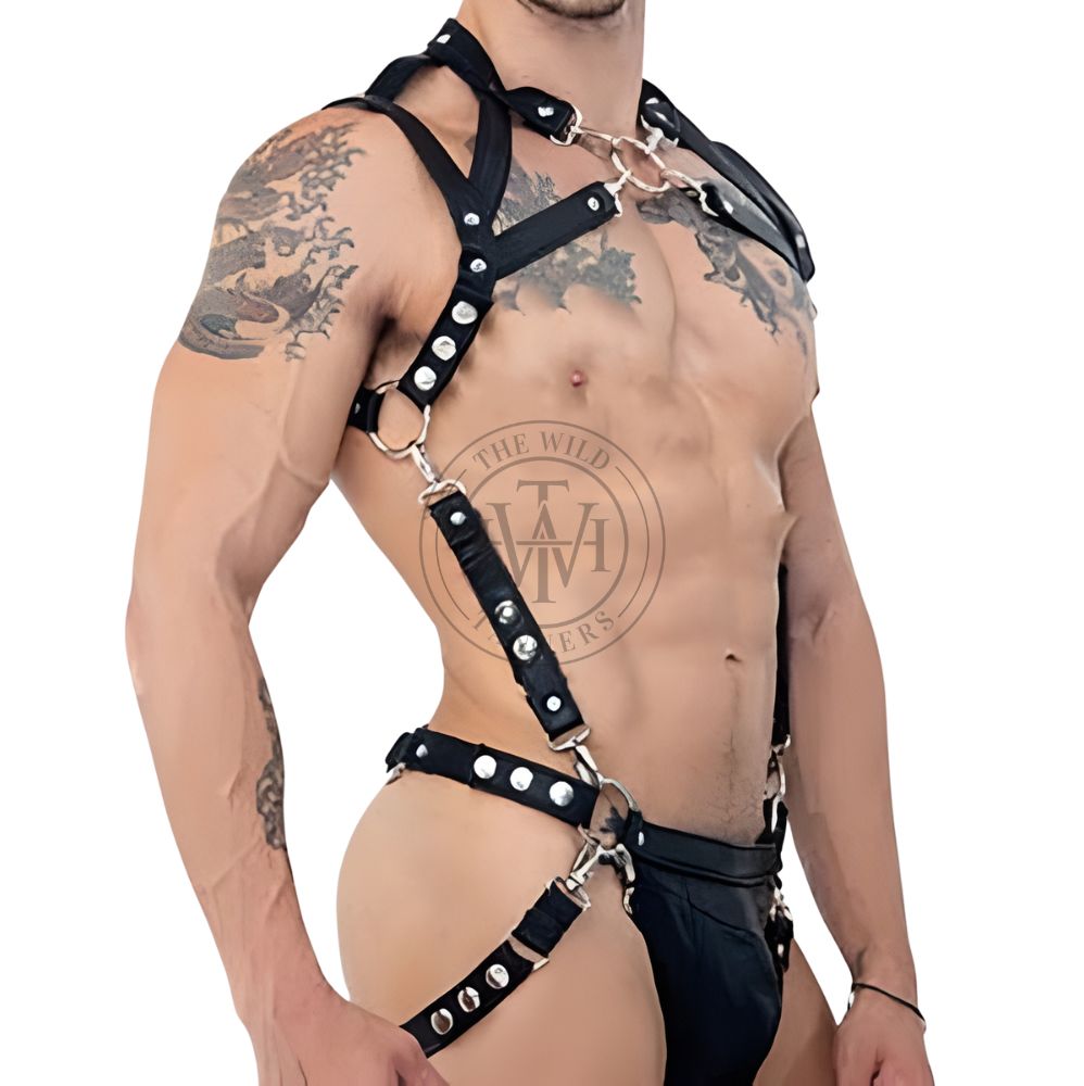 leather bondage harness with jockstrap & snap hooks