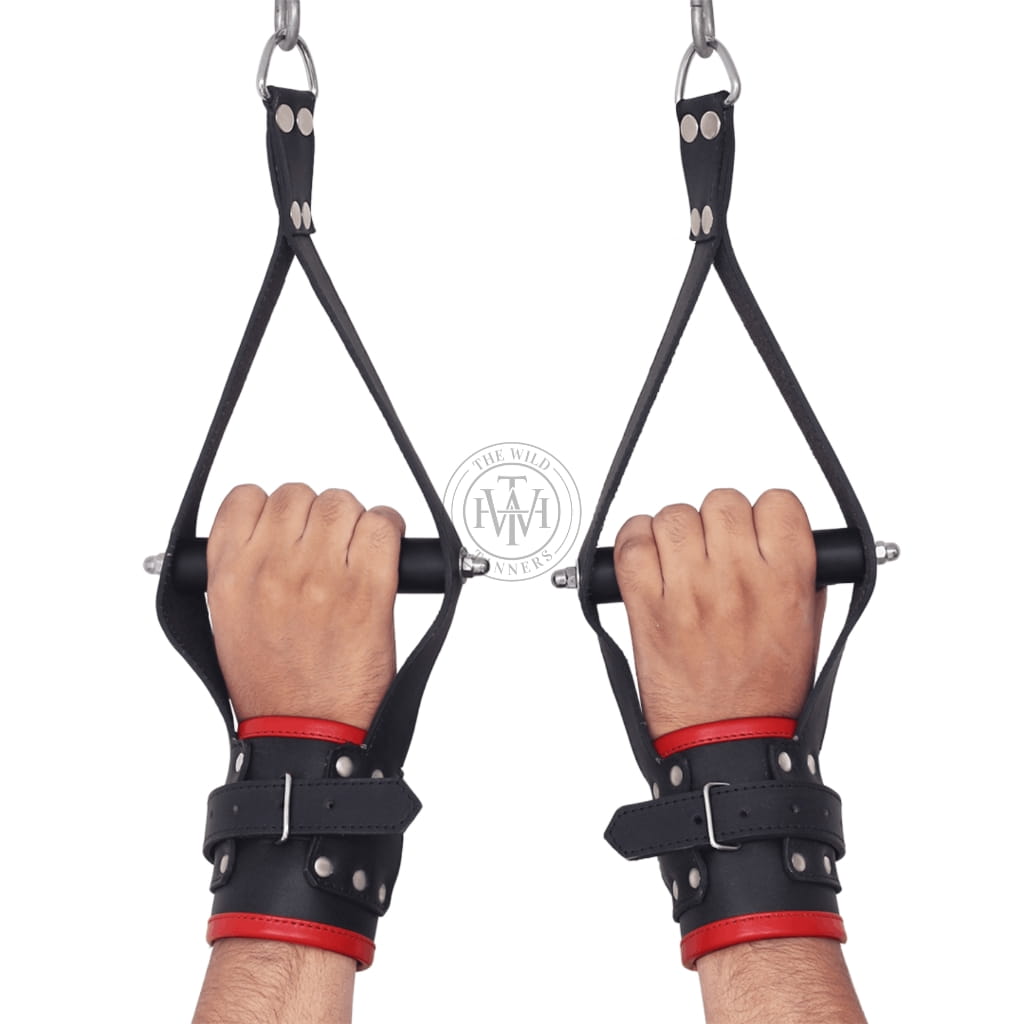 Genuine leather BDSM suspension cuffs with heavy-duty D-rings, view 4