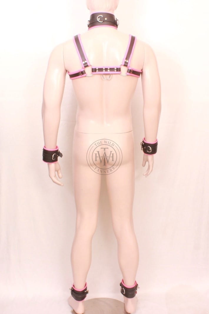 leather bdsm harness with padded collar and cuffs set