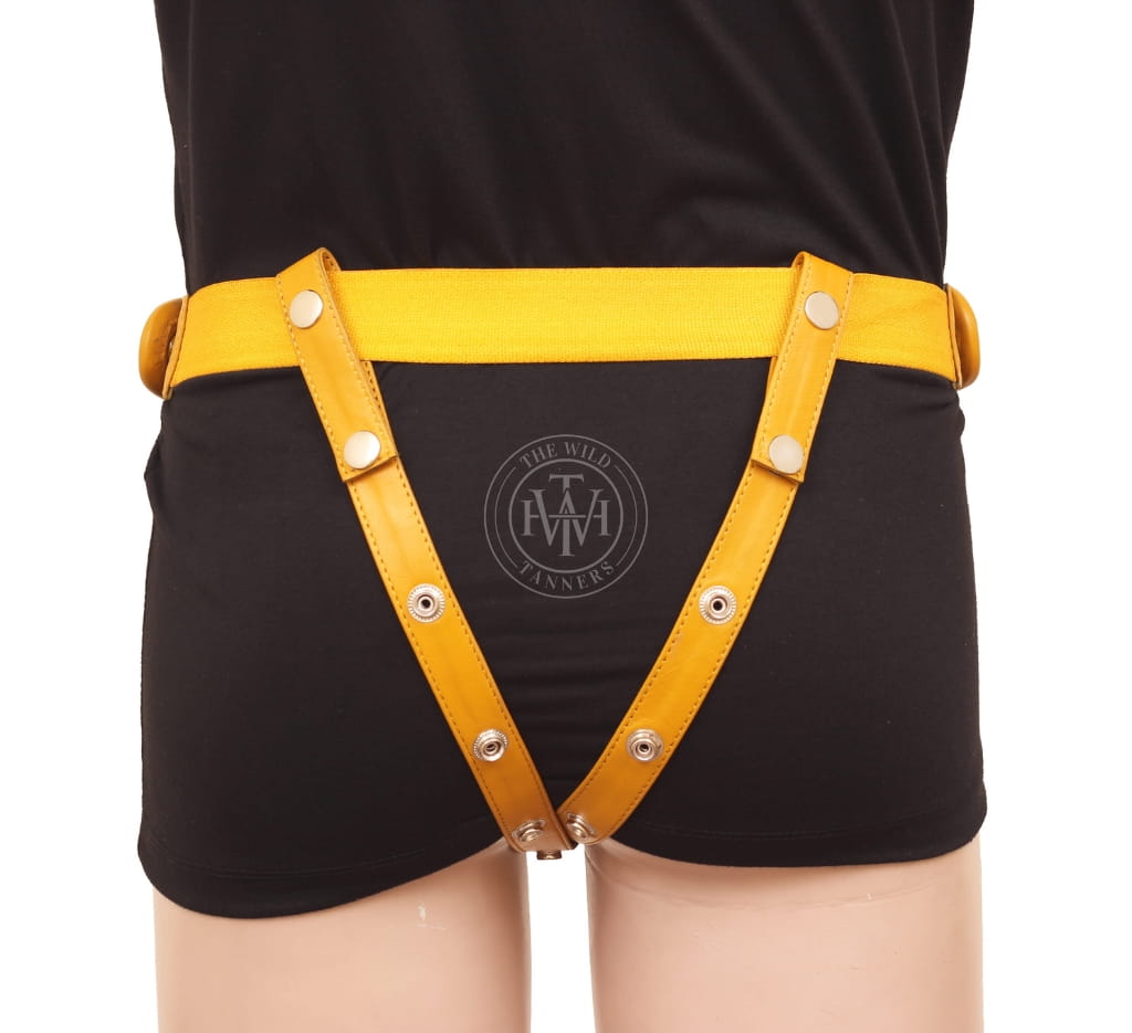 Back view of yellow leather jockstrap with elastic waistband and snap-button straps