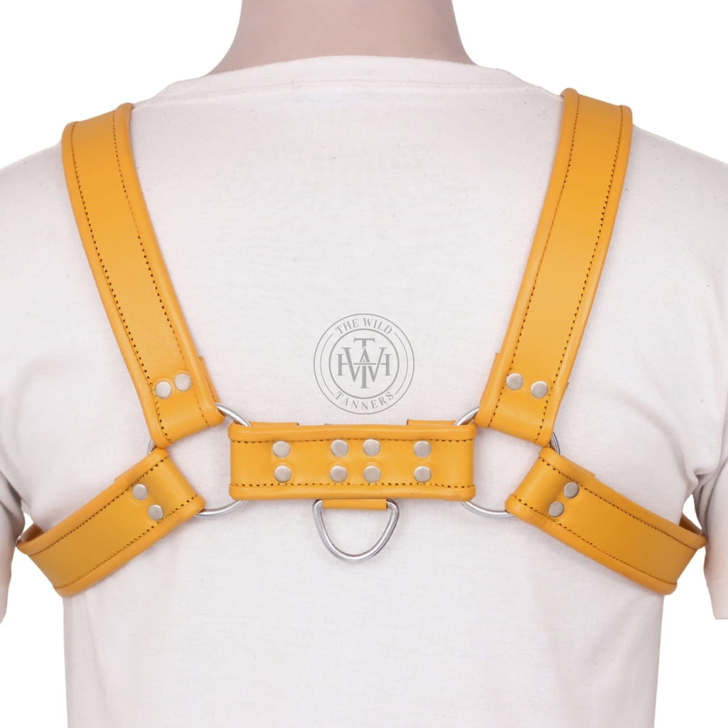 gay mens leather harness with shoulder roller buckles