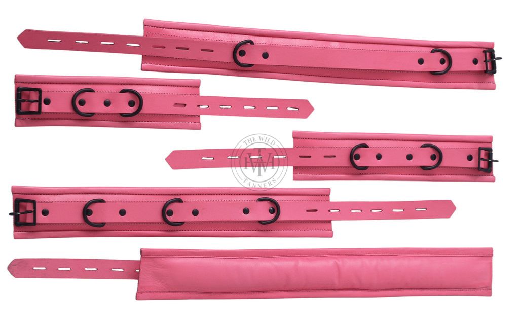 7 Pcs Pink Set Handmade Leather Bondage Handcuffs, view 5