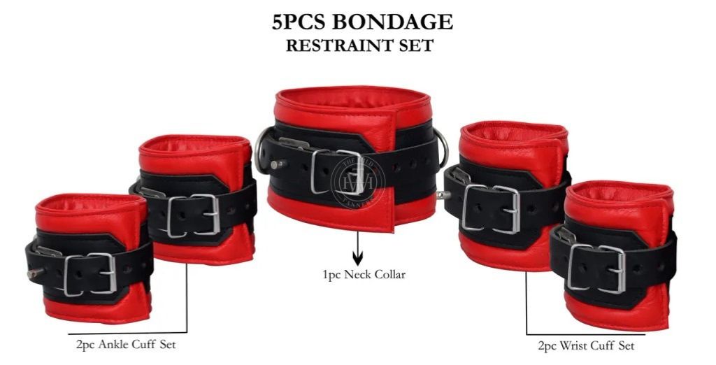 5 Pcs Set Premium Leather Bondage Handcuffs, view 10