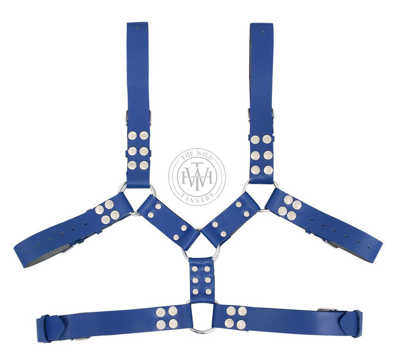 blue leather harness, bondage chest harness, adjustable men’s harness, bdsm leather chest, leather bondage chest harness