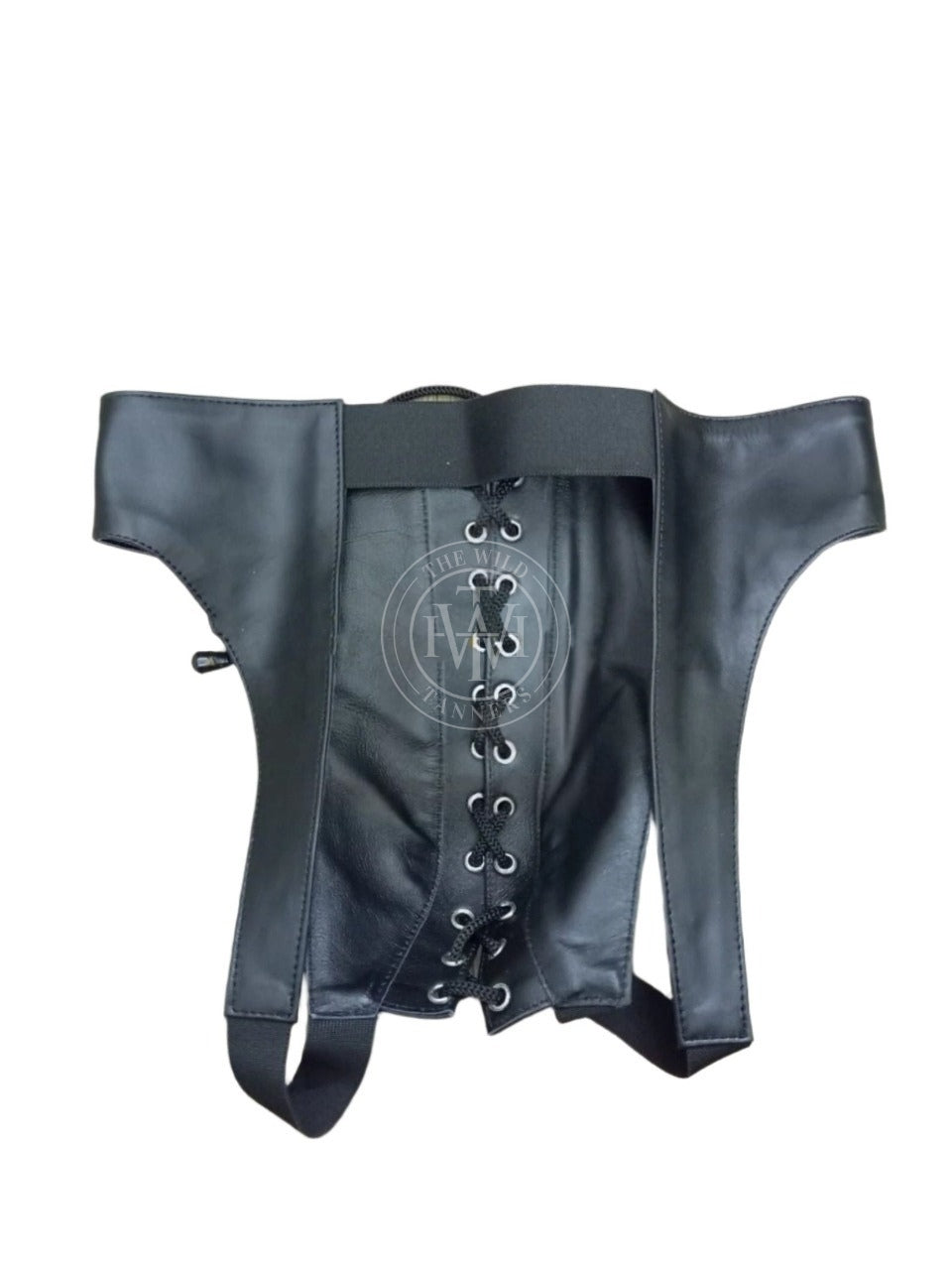 handmade gay leather jockstrap, back panel view of black leather jockstrap with wide elastic waistband and lace closure