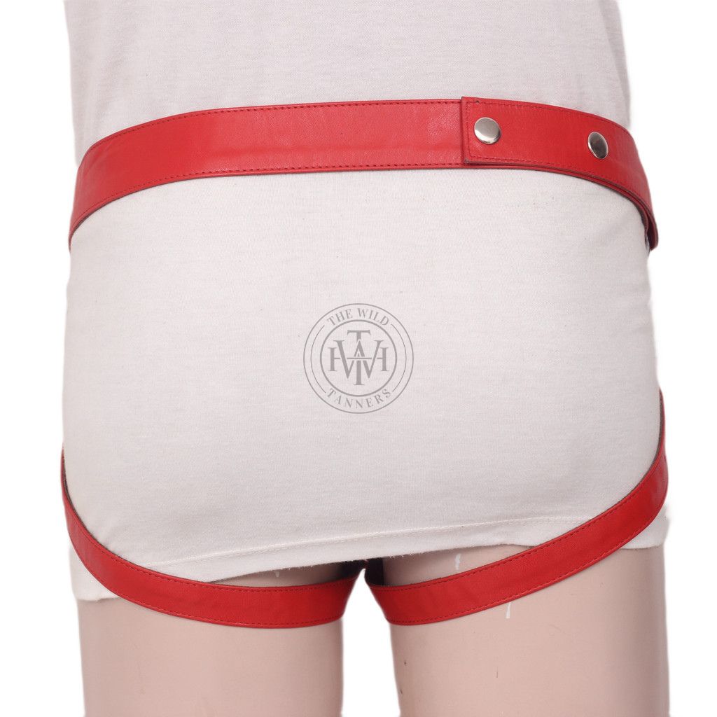 red handcrafted genuine leather jockstrap, back view of red leather jockstrap with snap waistband and two leather leg straps