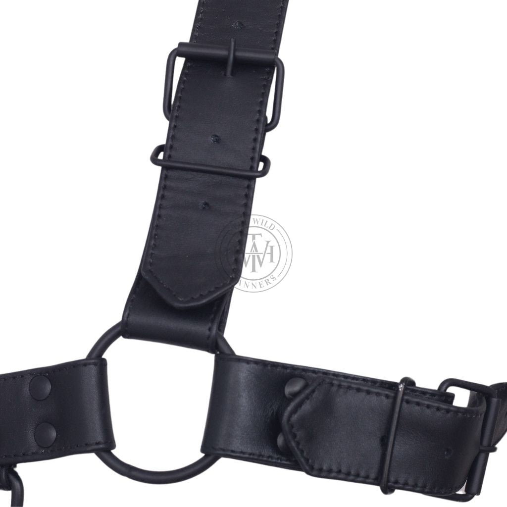 Black genuine leather H-harness with adjustable straps, view 5