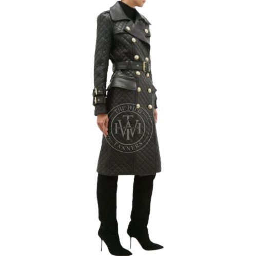 Genuine Leather Womens Quilted Trench Coat, view 4