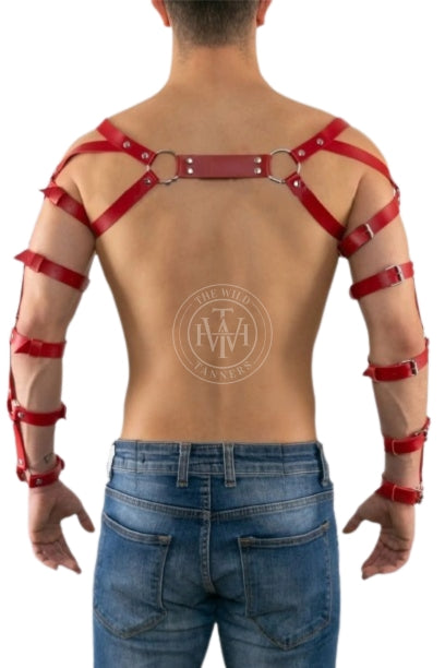 men’s leather harness with full arm bands and buckles