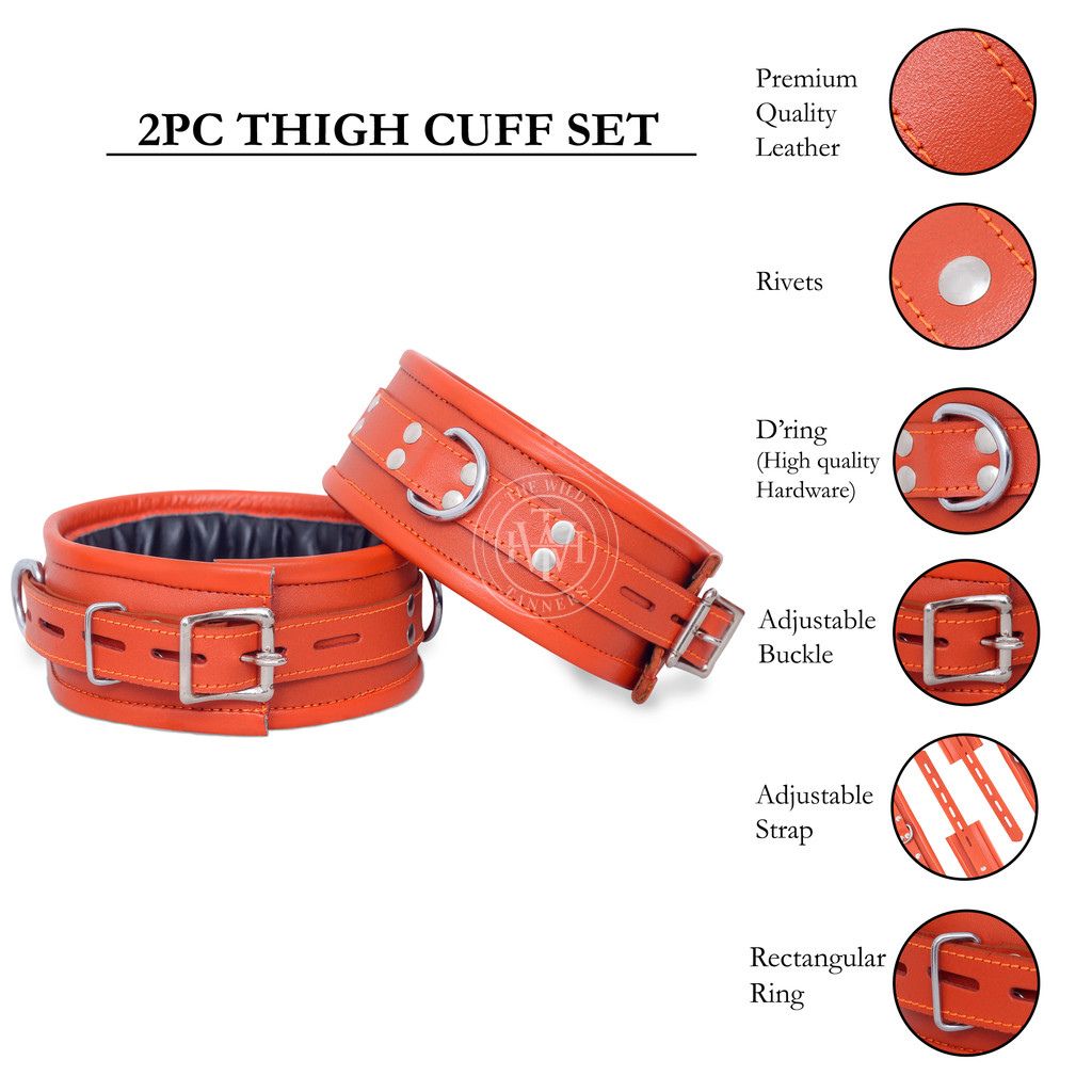 7 Pcs Orange Leather Bondage Handcuffs Set Unisex, view 11