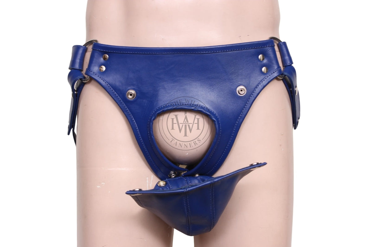 fetish men's leather jockstrap, blue leather jockstrap with cod-piece removed, showing inner panel with circular opening