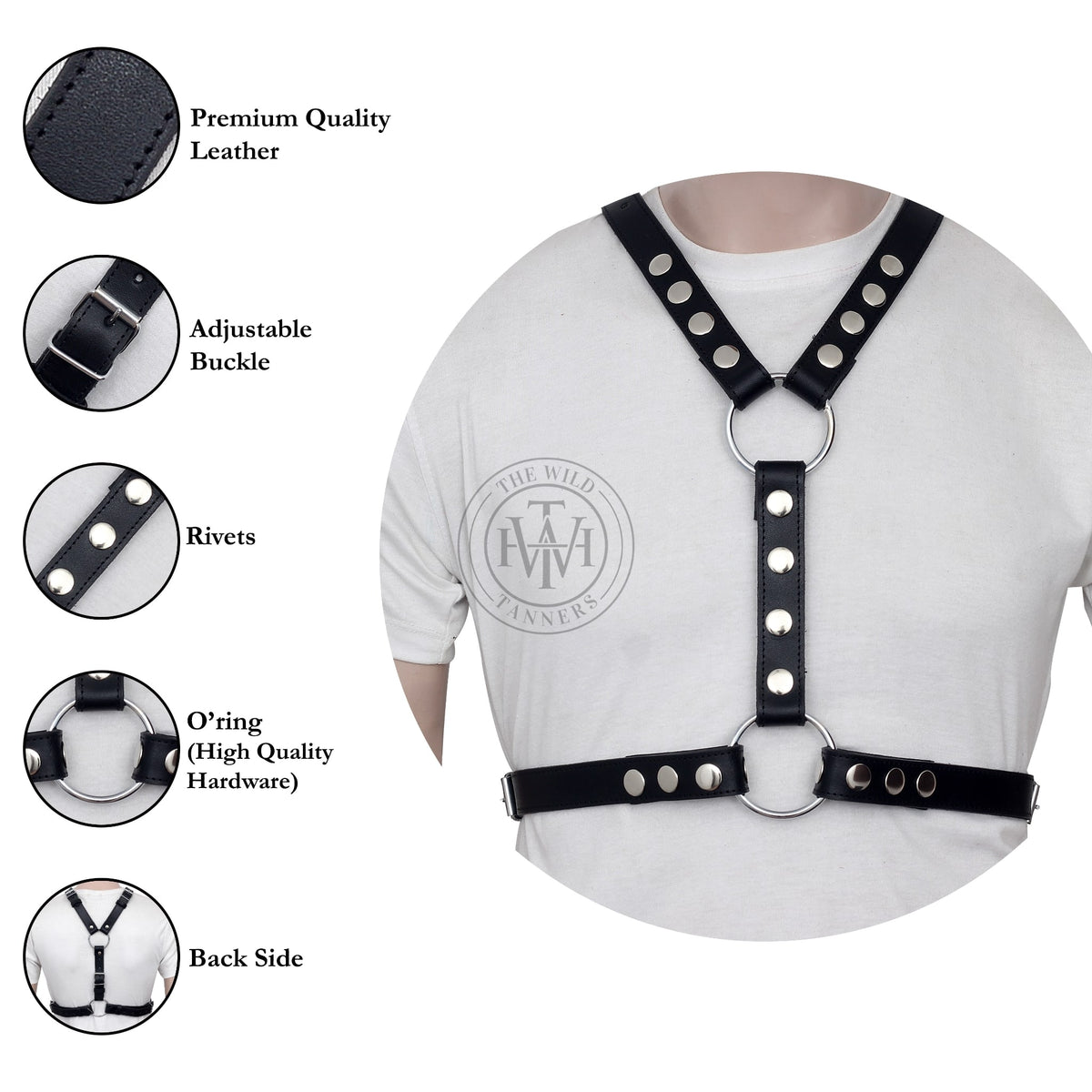 mens leather chest harness with dual o rings