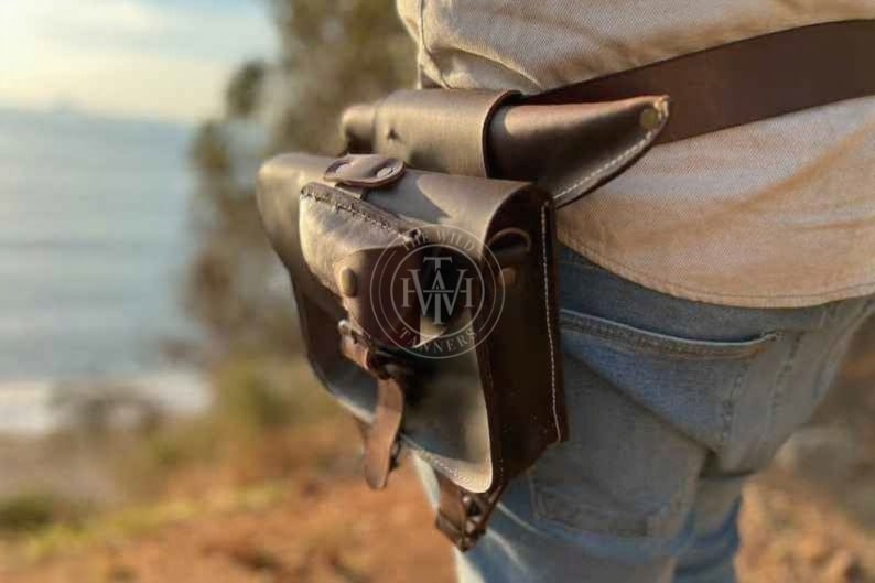 brown bushcraft leather belt kit, handmade brown leather tool belt, leather bushcraft belt with pouches, genuine cowhide leather outdoor belt kit, rustic brown leather survival belt