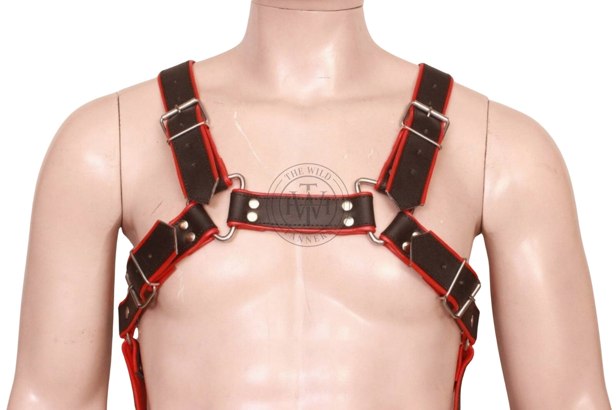 leather body harness with upper chest bridge strap