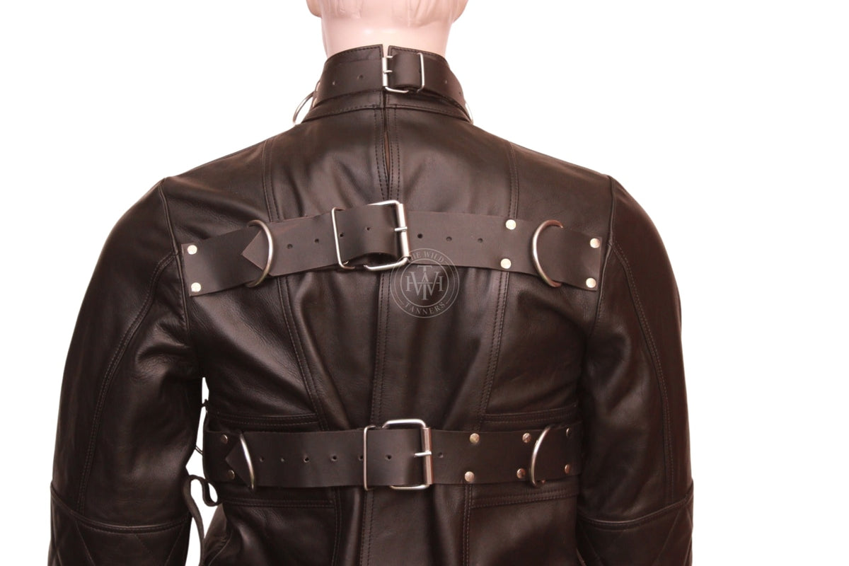 Leather BDSM straitjacket with chastity front, view 5