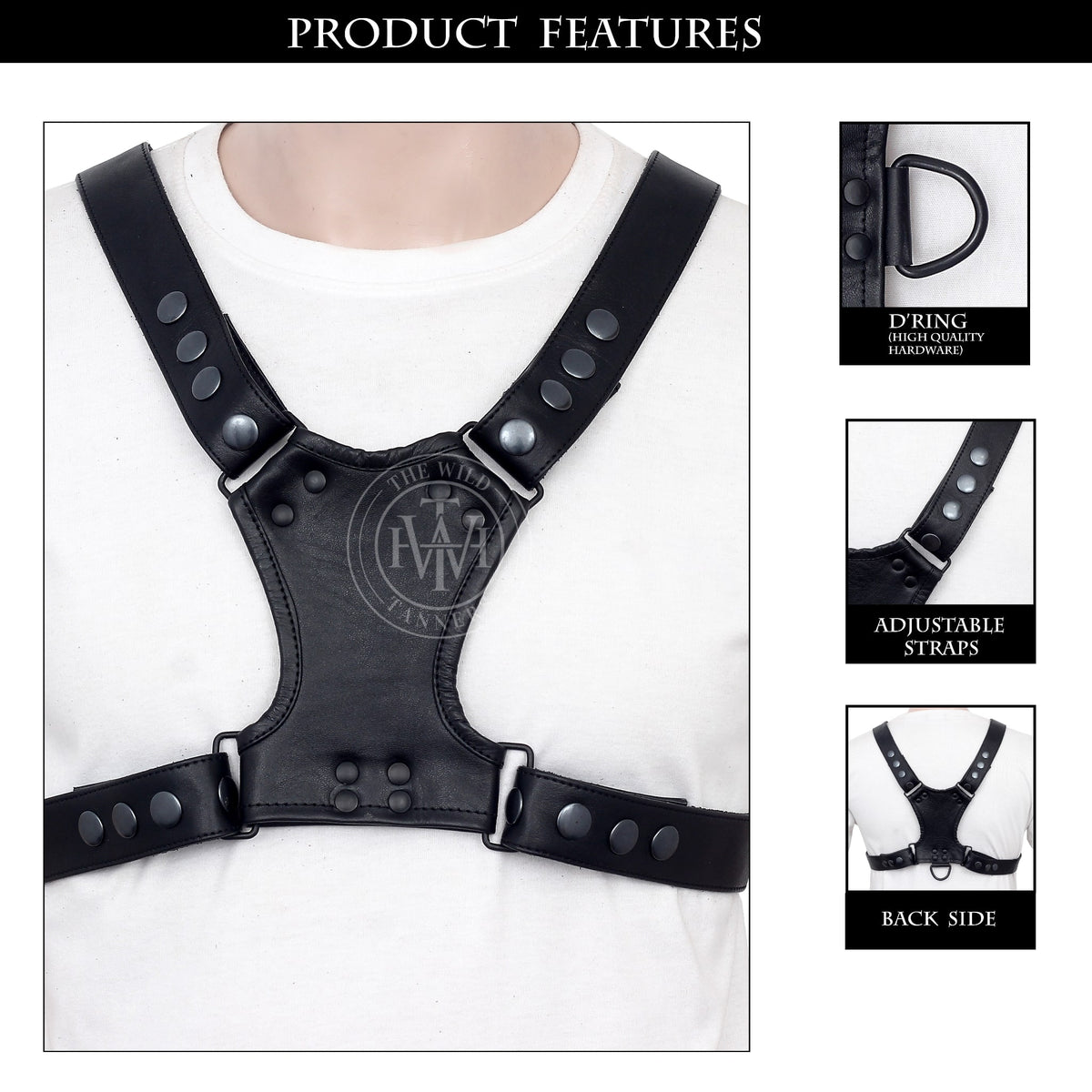Mens Leather Bulldog Harness With Rectangular Rings, view 5