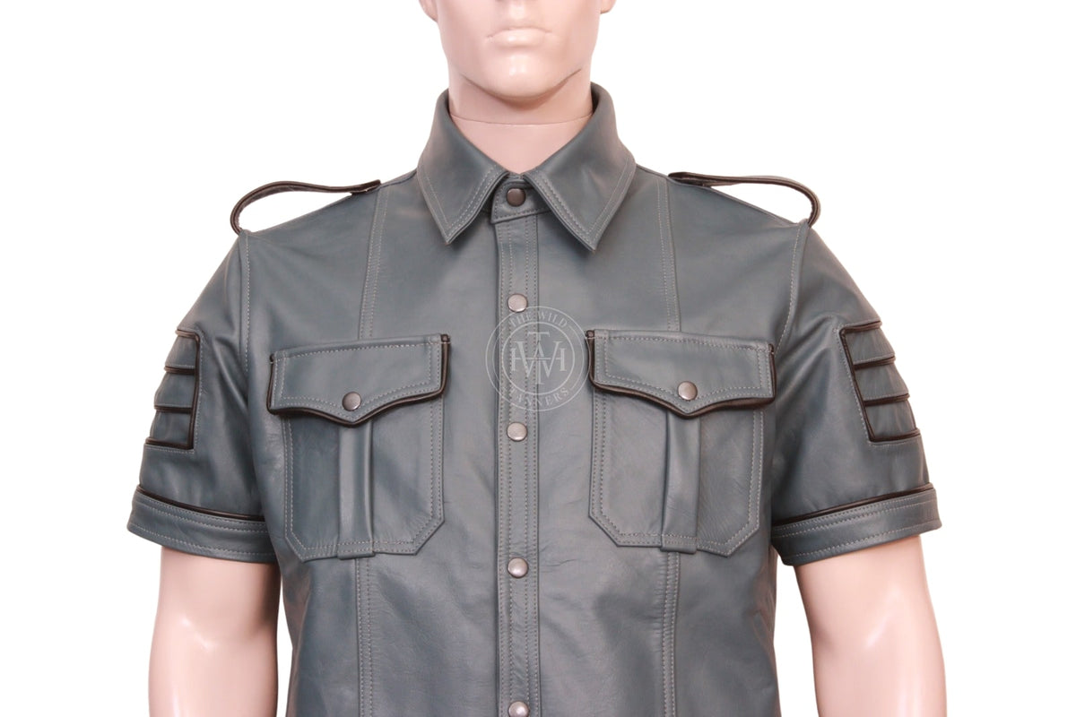 Stylish Leather Military Style Shirt, view 5