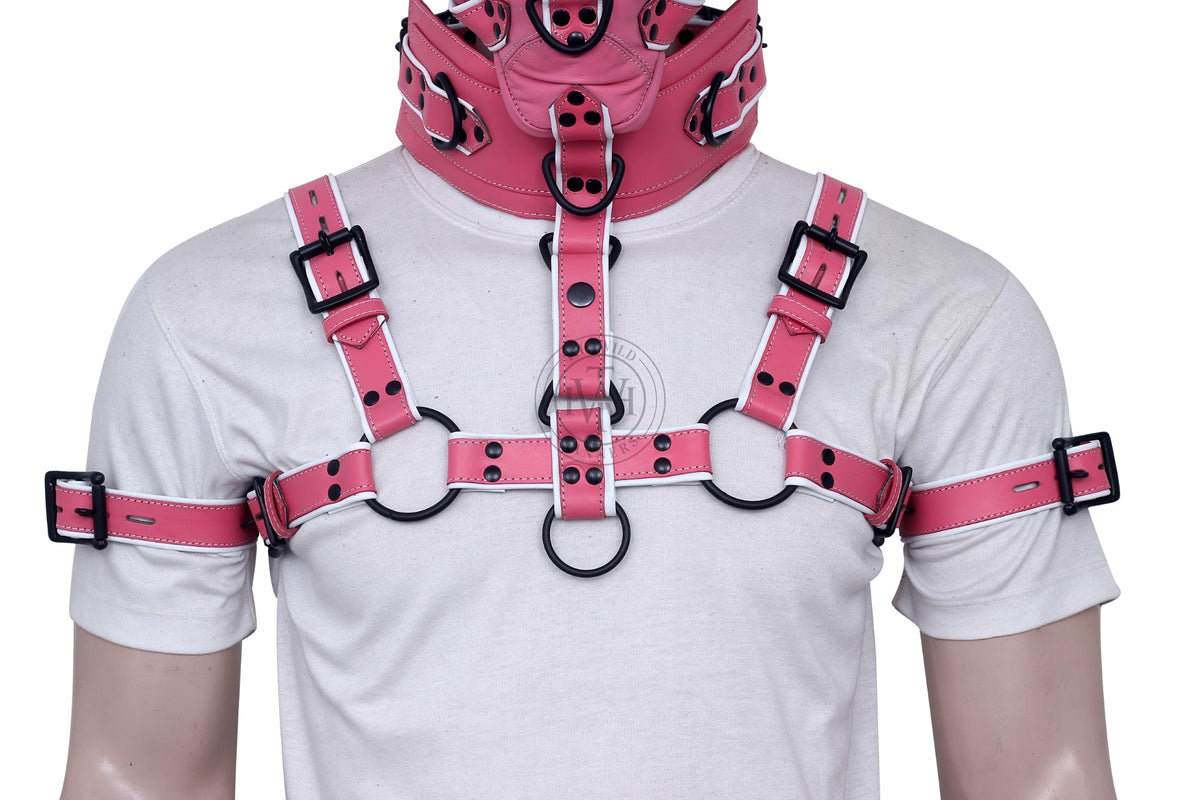 Leather bondage muzzle gag with chest harness and biceps cuffs, view 5