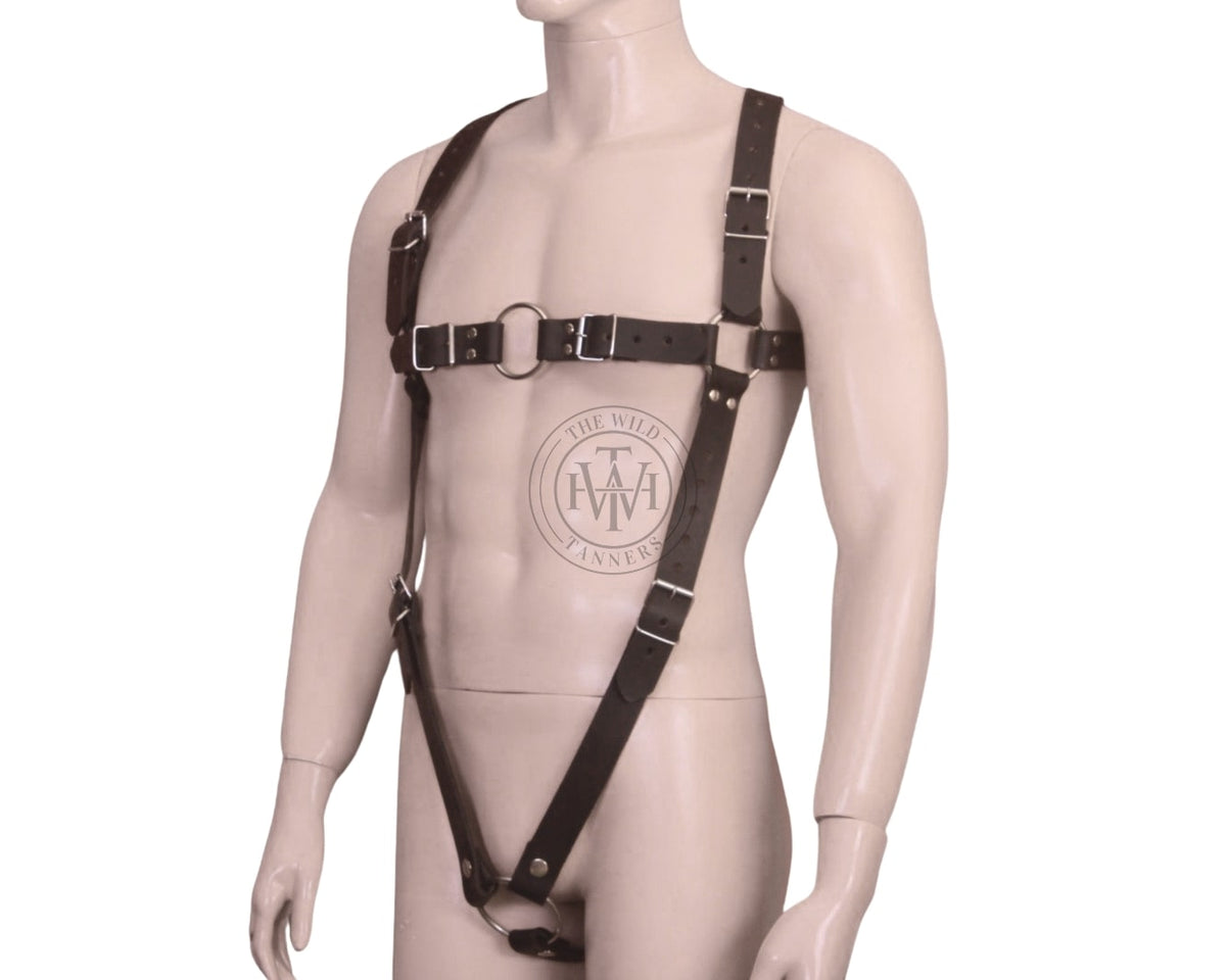 Leather BDSM body harness with cock ring, view 4