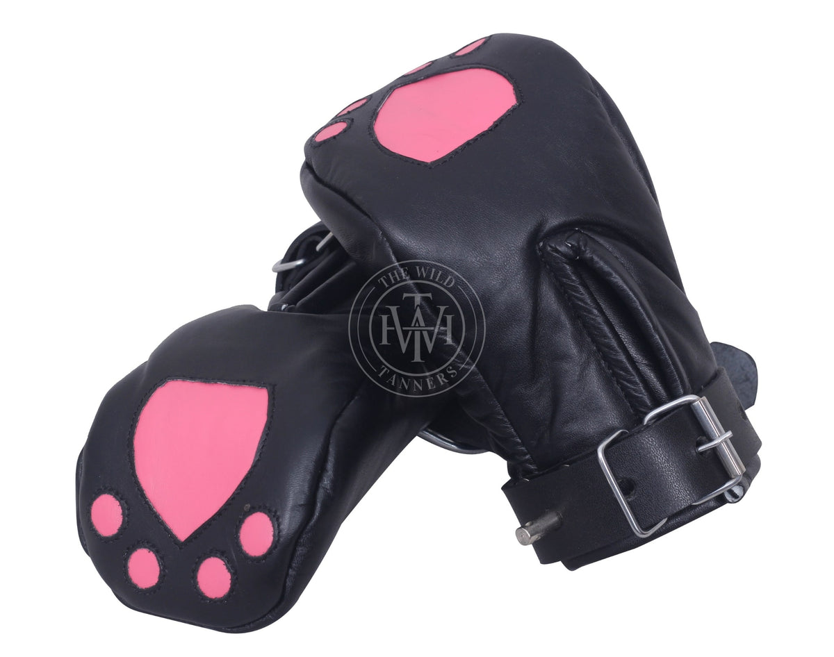 Padded leather bondage mittens with buckle straps, view 5