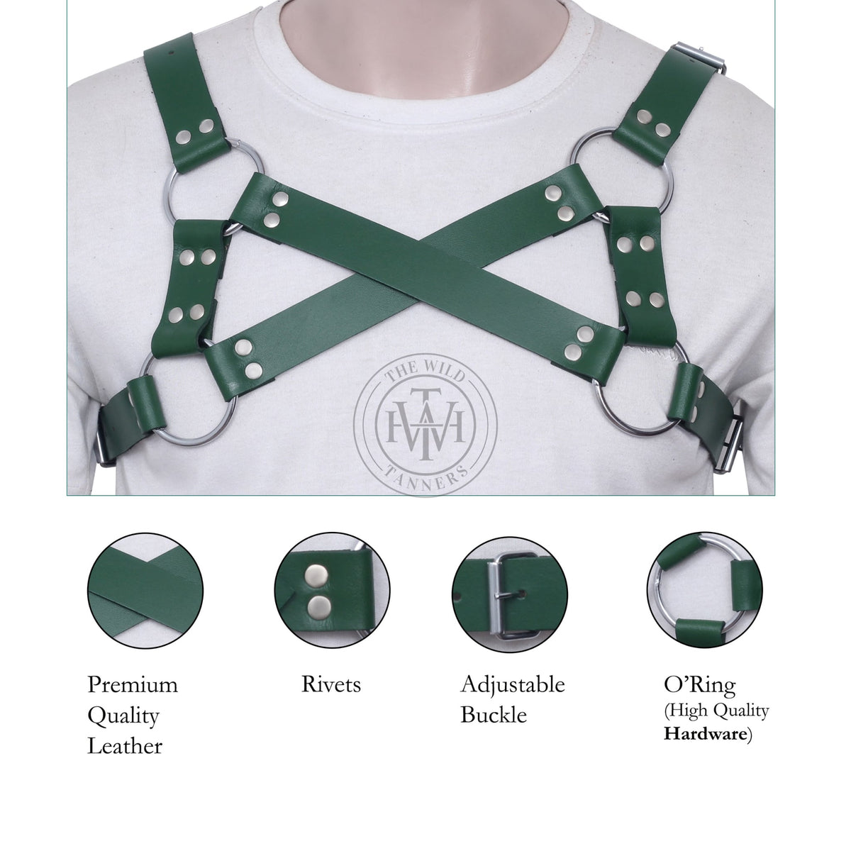 men's leather chest harness with adjustable roller buckles