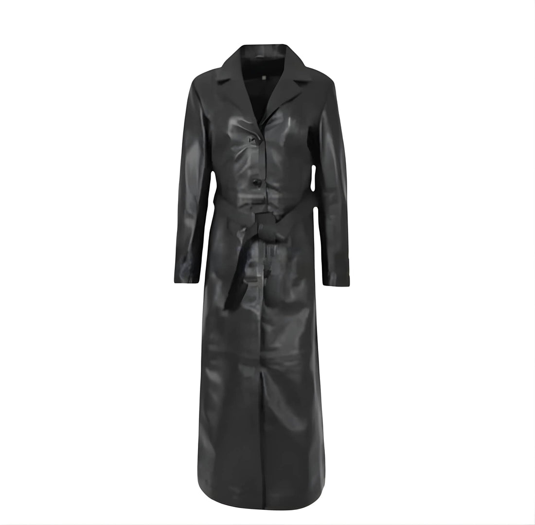 Genuine Leather Black Trench Coat For Women