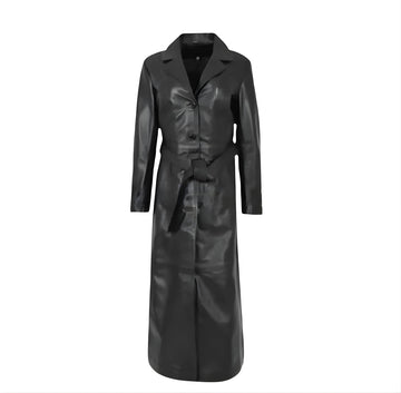 Genuine Leather Black Trench Coat For Women