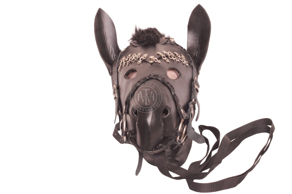 Leather pony play face mask and bondage hood, view 5