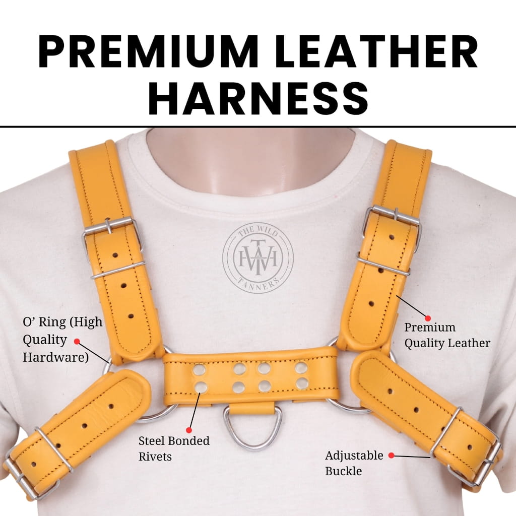 gay mens leather harness with shoulder roller buckles