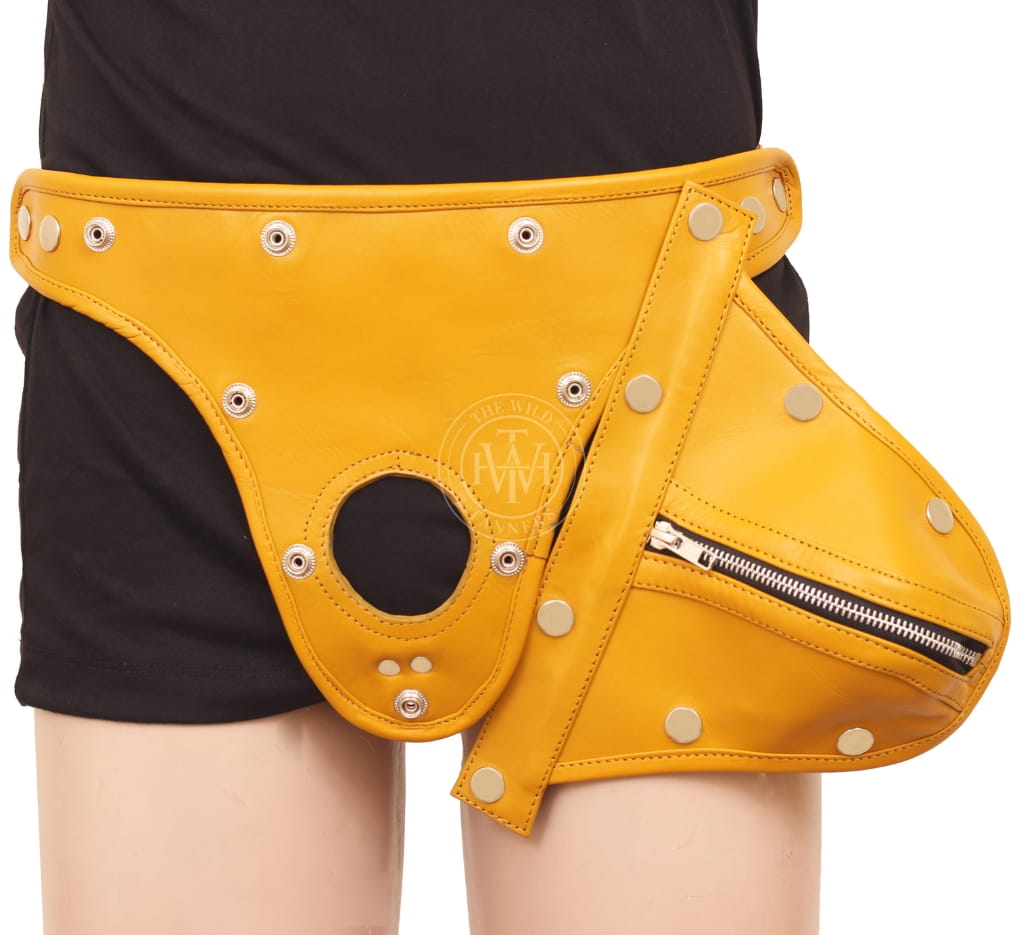 Yellow leather jockstrap with cod piece removed, showing front opening and snaps