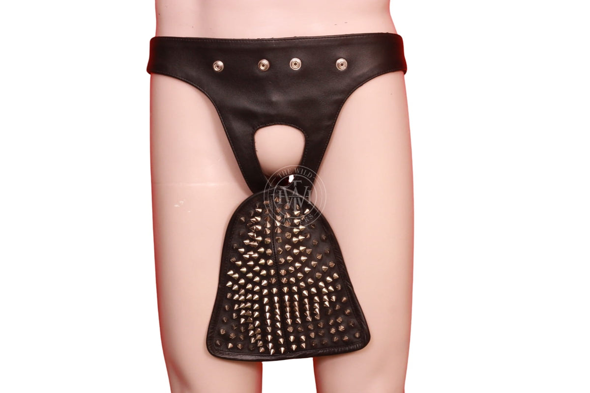 black leather jockstrap waistband with four snap buttons and open front, pouch removed