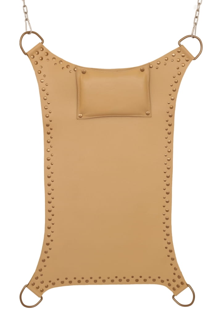 leather bondage sling, BDSM swing, adjustable leather sling, BDSM stirrups, padded leather sling