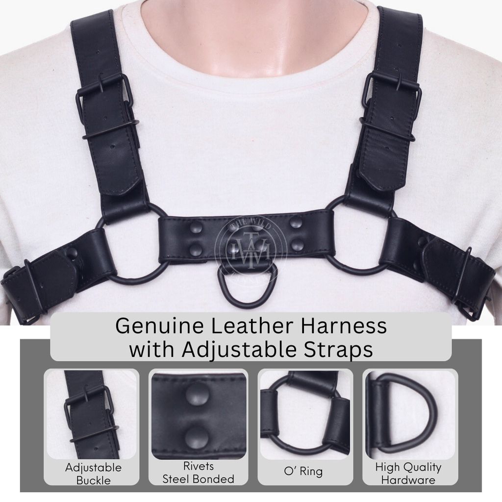 Black genuine leather H-harness with adjustable straps, view 6