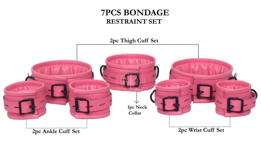 7 Pcs Pink Set Handmade Leather Bondage Handcuffs, view 10