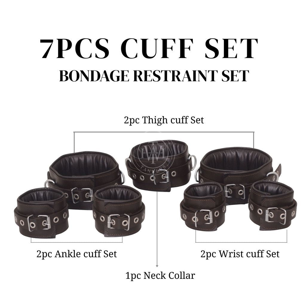 Unisex 7 Pcs Brown Set Leather Bondage Handcuffs, view 7