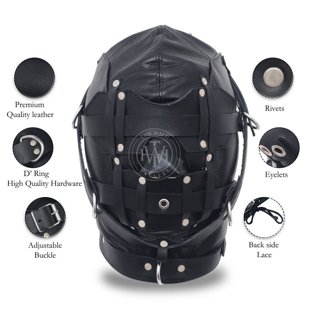 Black Full Face Leather Bondage Hood, view 6