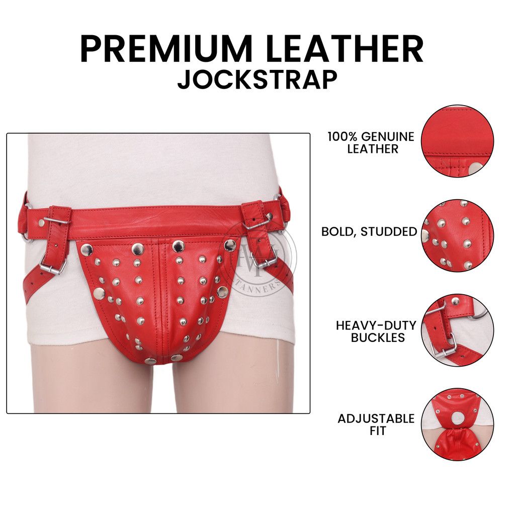 red handcrafted genuine leather jockstrap, red leather jockstrap infographic with genuine leather, studded pouch, heavy-duty buckles and adjustable fit