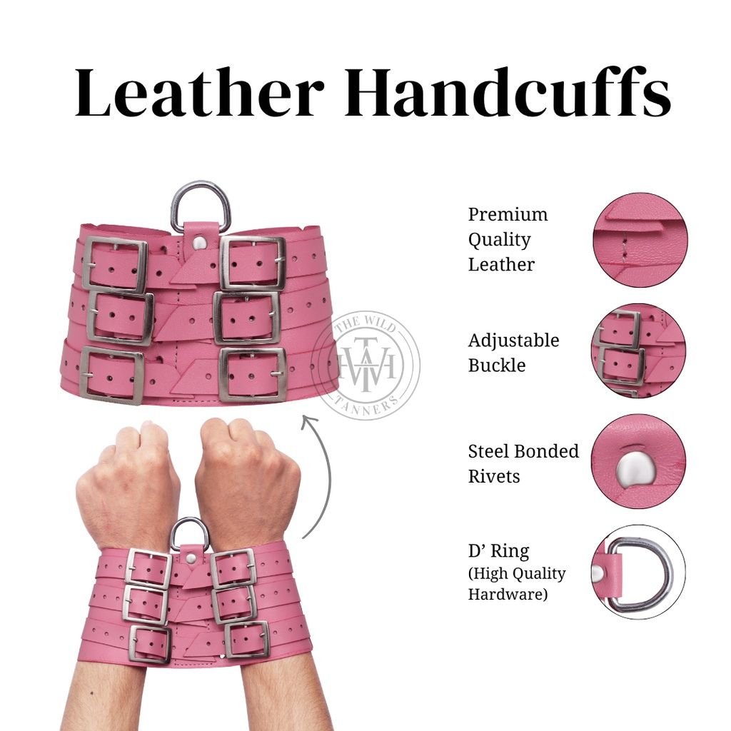 Pink Kinky Leather Handcuffs, view 6