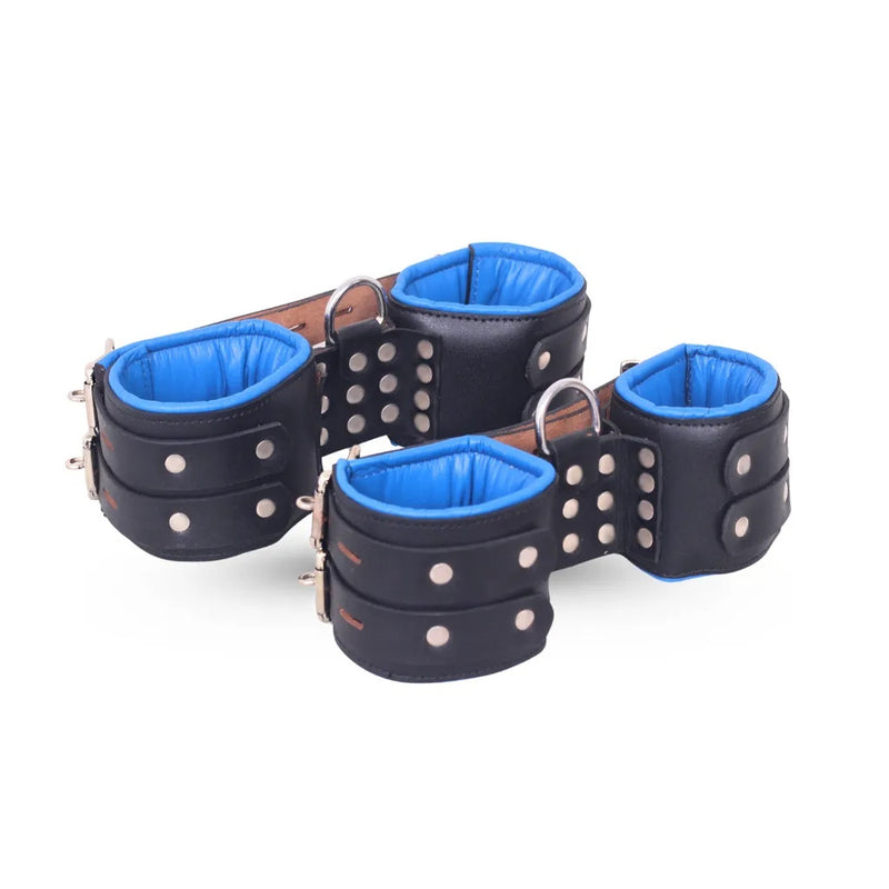 black leather cuffs, ankle and wrist restraints, suspension cuffs, BDSM gear, adjustable cuffs
