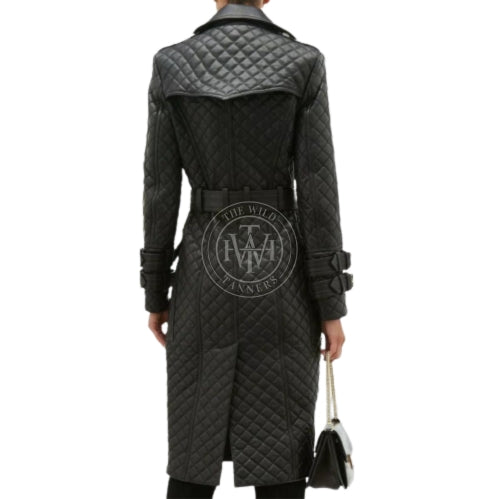 Genuine Leather Womens Quilted Trench Coat, view 5
