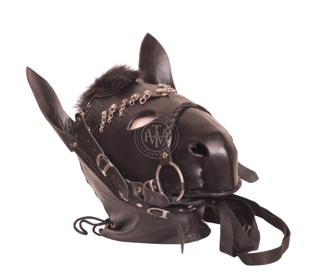 Leather pony play face mask and bondage hood, view 6