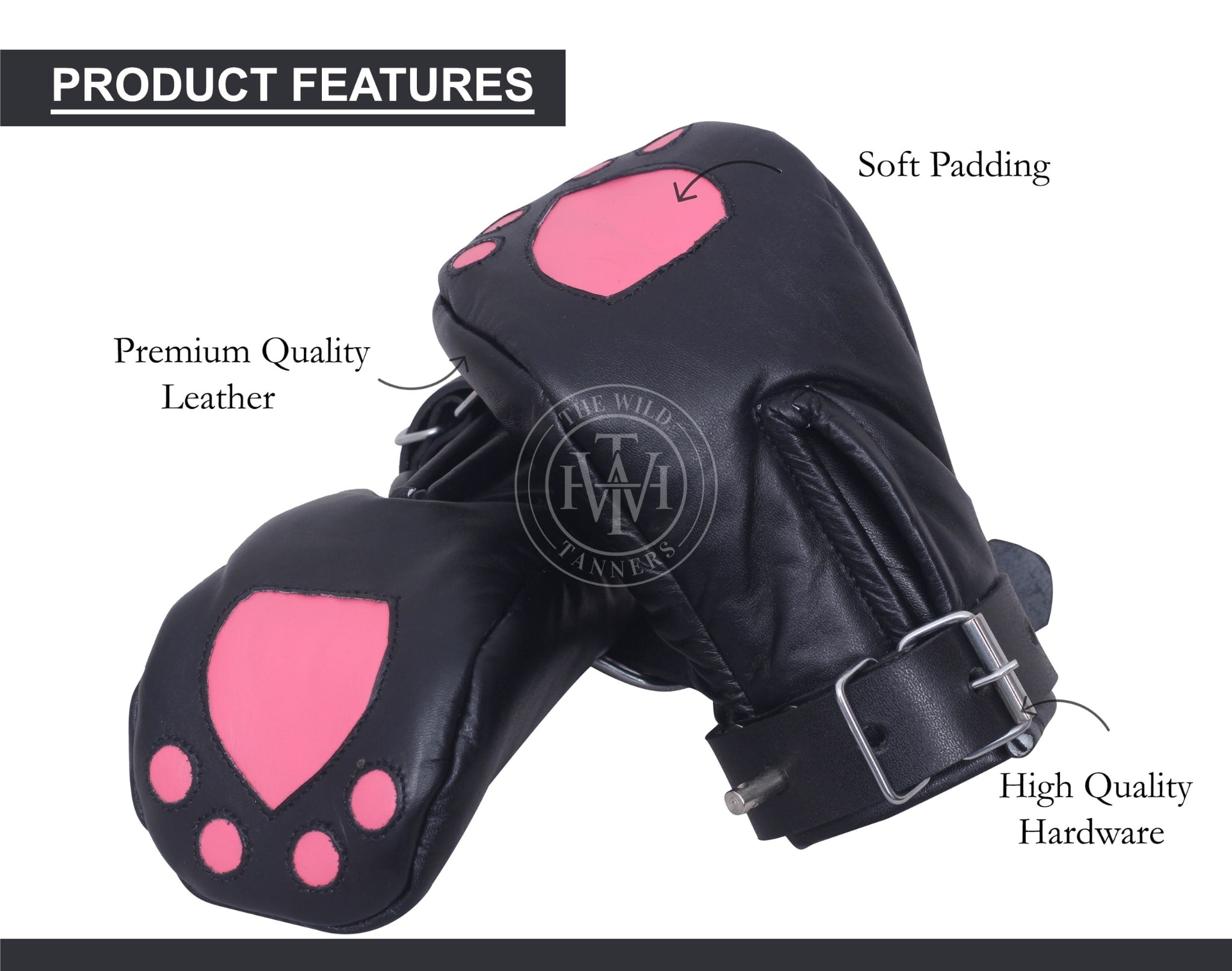 locking leather bondage mitts, BDSM pup play gloves, padded leather restraint mittens, full hand bondage mitts, leather BDSM mittens for submissives, pup training hand restraints, bondage gloves with buckle straps, heavy-duty leather kink mitts