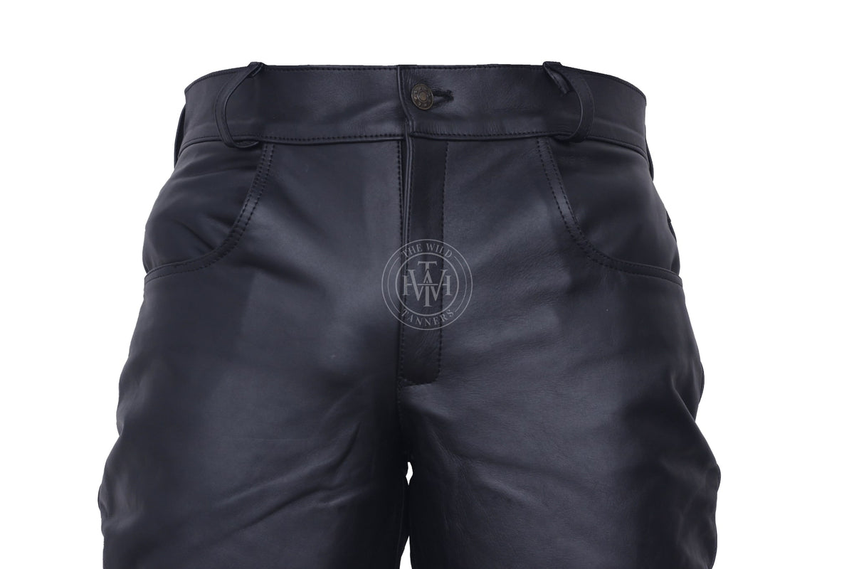 Plain Men's Black Leather Pants, view 6